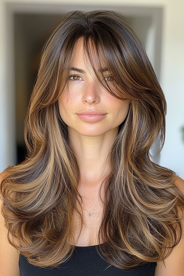 Dark Brown Long Layers, Curtain Bangs with Layered Long Hair, Curtain bangs long hair, Curtain bangs with layers, Curtain bangs haircut, Curtain bangs with layers medium hair, Long curtain bangs with layers, Curtain bangs with layers straight hair, Short curtain bangs