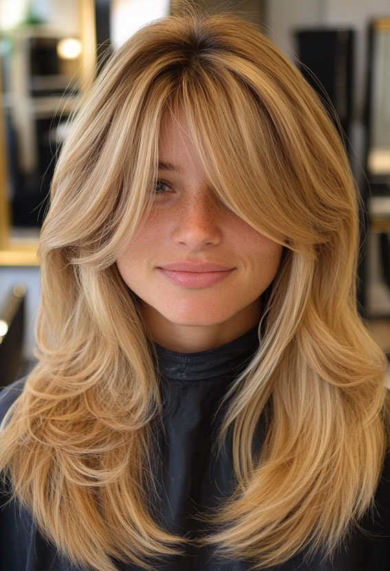 35 Curtain Bangs with Layered Long Hair : Sunlit Blonde Layers with Soft Curtain Bangs