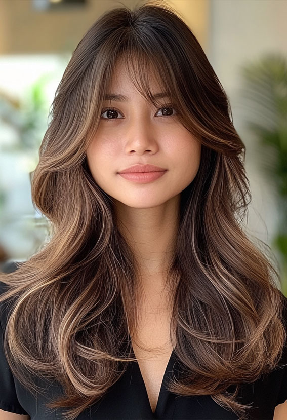 Natural Brunette with Soft Layers and Curtain Bangs, Curtain Bangs with Layered Long Hair, Curtain bangs long hair, Curtain bangs with layers, Curtain bangs haircut, Curtain bangs with layers medium hair, Long curtain bangs with layers, Curtain bangs with layers straight hair, Short curtain bangs