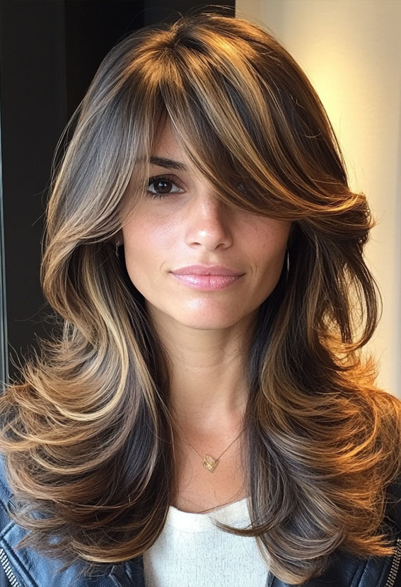 Bronzed Brunette Layers with Face-Framing Curtain Bangs, Curtain Bangs with Layered Long Hair, Curtain bangs long hair, Curtain bangs with layers, Curtain bangs haircut, Curtain bangs with layers medium hair, Long curtain bangs with layers, Curtain bangs with layers straight hair, Short curtain bangs