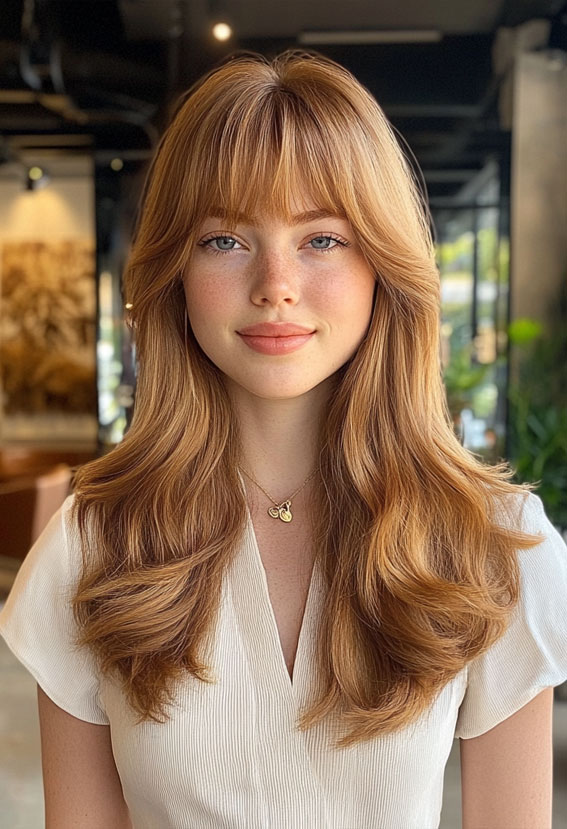 Warm Auburn Layers with Full Curtain Bangs, Curtain Bangs with Layered Long Hair, Curtain bangs long hair, Curtain bangs with layers, Curtain bangs haircut, Curtain bangs with layers medium hair, Long curtain bangs with layers, Curtain bangs with layers straight hair, Short curtain bangs