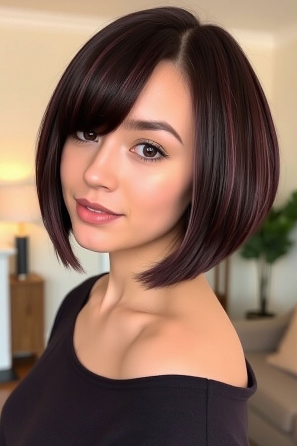 Deep Cherry Bob with Side-Swept Bangs, Sleek Bob Haircut, bob hairstyle, sleek bob hairstyle