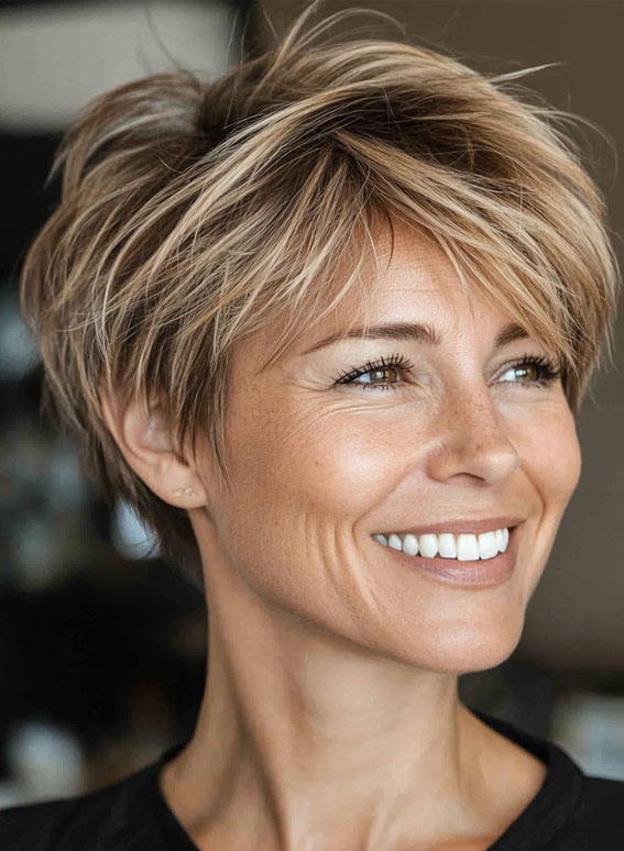 35 Easy Wash-and-Wear Haircuts for Women 50+ : Tousled Blonde Pixie with Layered Texture