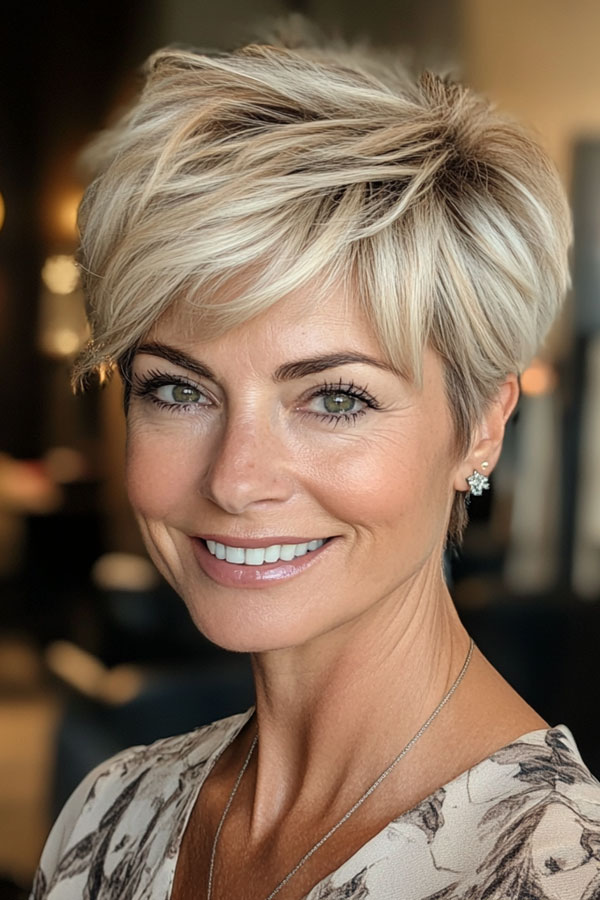 35 Easy Wash-and-Wear Haircuts for Women 50+ : Blonde Pixie with Feathered Layers