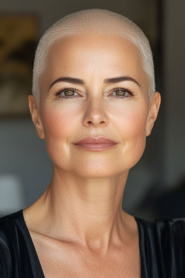 Bold Buzz Cut with Minimalist Elegance, Easy Wash-and-Wear Haircuts for Women 50+, low maintenance haircut for women over 50, wash and wear haircut for women over 50