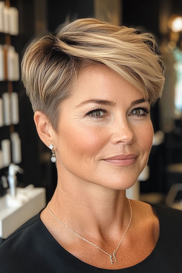 Side Swept Pixie with Sandy Blonde Highlights, Easy Wash-and-Wear Haircuts for Women 50+, low maintenance haircut for women over 50, wash and wear haircut for women over 50