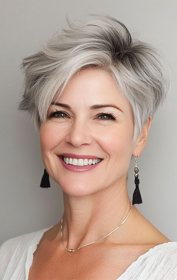 35 Easy Wash-and-Wear Haircuts for Women 50+ : Textured Silver Pixie with Dark Roots