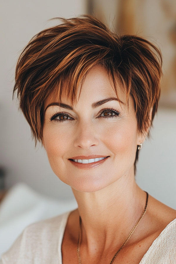 35 Easy Wash-and-Wear Haircuts for Women 50+ : Layered Pixie with Warm Auburn Highlights