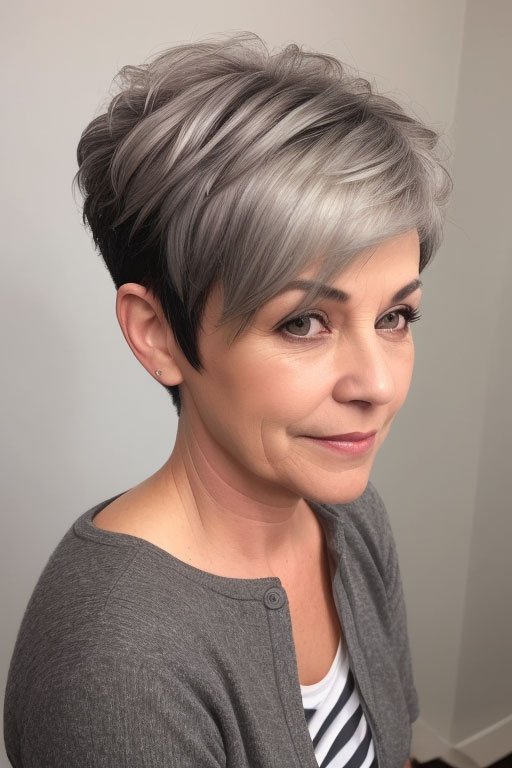 Stacked Pixie with Silver Ombre , Easy Wash-and-Wear Haircuts for Women 50+, low maintenance haircut for women over 50, wash and wear haircut for women over 50