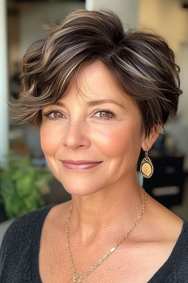 Wavy Pixie with Subtle Highlights , Easy Wash-and-Wear Haircuts for Women 50+, low maintenance haircut for women over 50, wash and wear haircut for women over 50