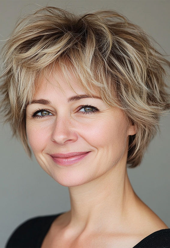 Shaggy Bob with Soft Blonde Layers , Easy Wash-and-Wear Haircuts for Women 50+, low maintenance haircut for women over 50, wash and wear haircut for women over 50