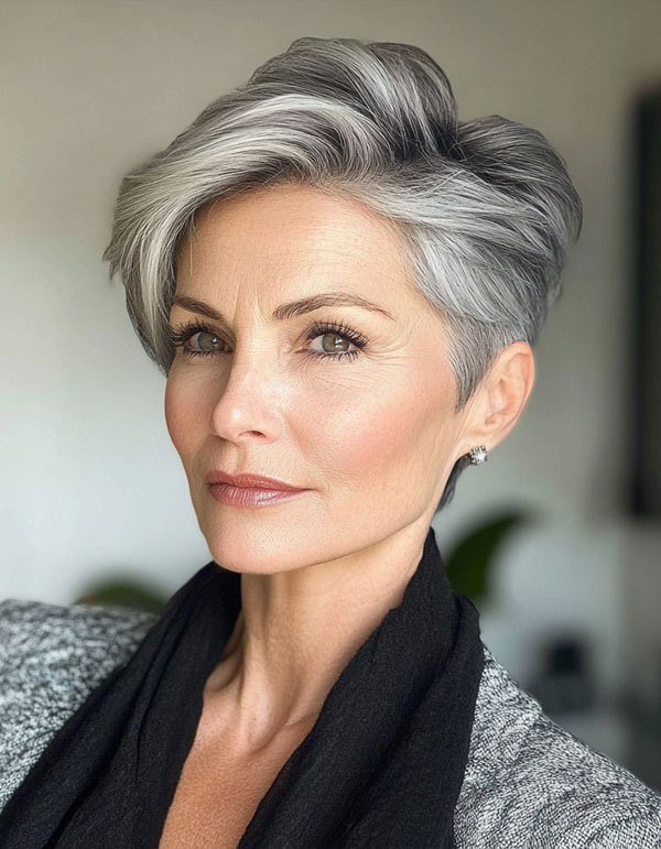 Sleek Silver Pixie with Side-Swept Layers, Easy Wash-and-Wear Haircuts for Women 50+, low maintenance haircut for women over 50, wash and wear haircut for women over 50