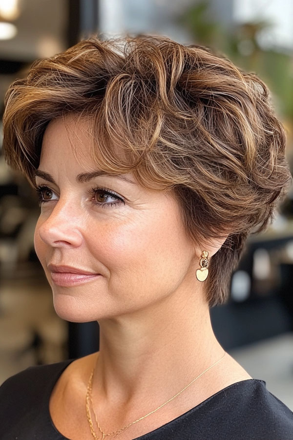 35 Easy Wash-and-Wear Haircuts for Women 50+ : Voluminous Short Cut with Warm Brown Tones