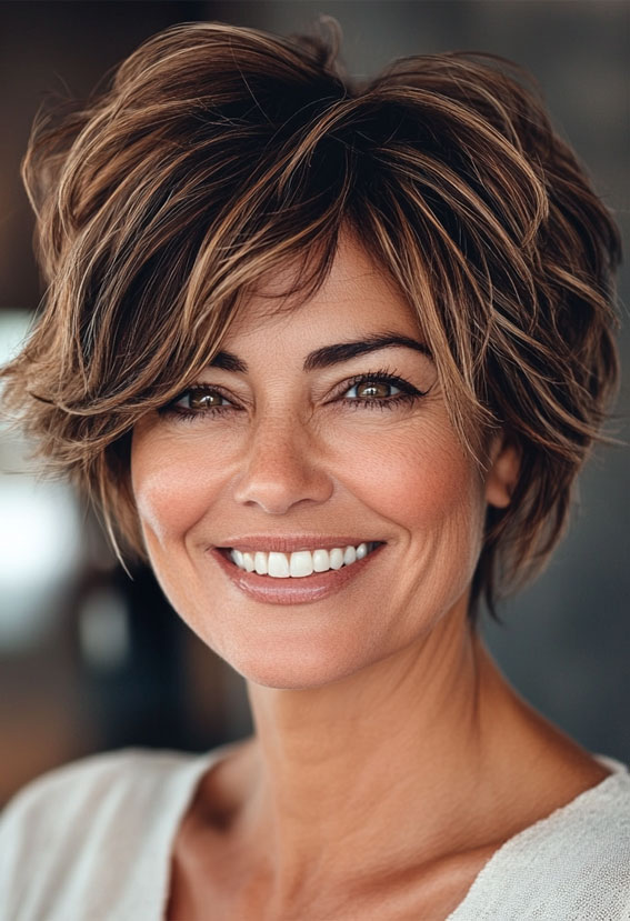 35 Easy Wash-and-Wear Haircuts for Women 50+ : Layered Bob with Soft Waves and Honey Highlights