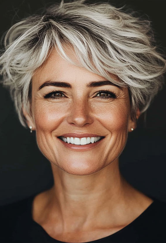 35 Easy Wash-and-Wear Haircuts for Women 50+ : Tousled Silver Pixie with Soft Layers