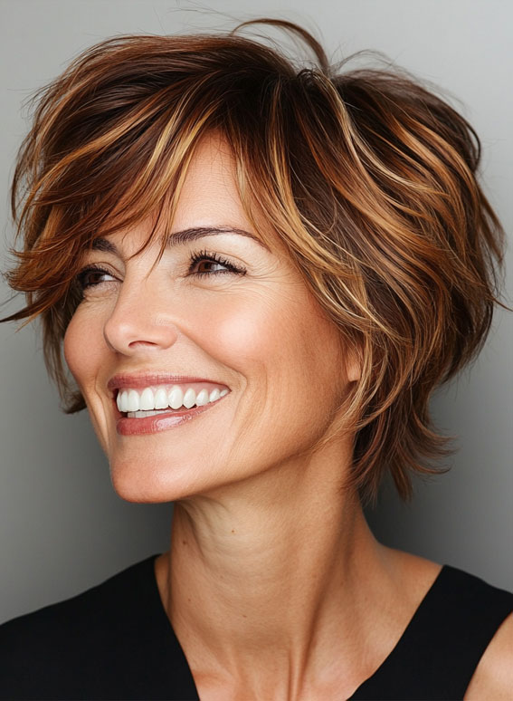 35 Easy Wash-and-Wear Haircuts for Women 50+ : Tousled Bob with Golden Highlights