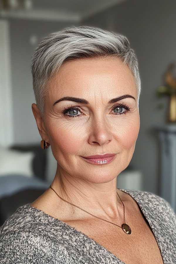 35 Easy Wash-and-Wear Haircuts for Women 50+ : Sleek Silver Pixie Cut