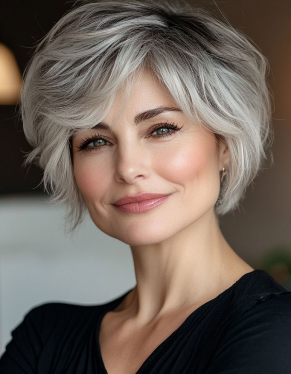 35 Easy Wash-and-Wear Haircuts for Women 50+ : Layered Bob with Icy Silver Highlights