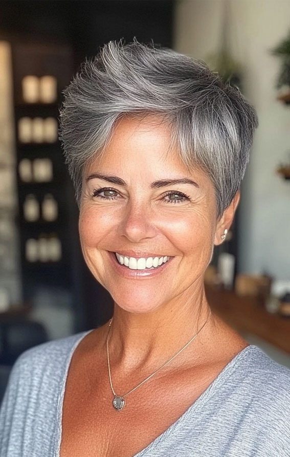 35 Easy Wash-and-Wear Haircuts for Women 50+ : Textured Pixie with Silver Shine