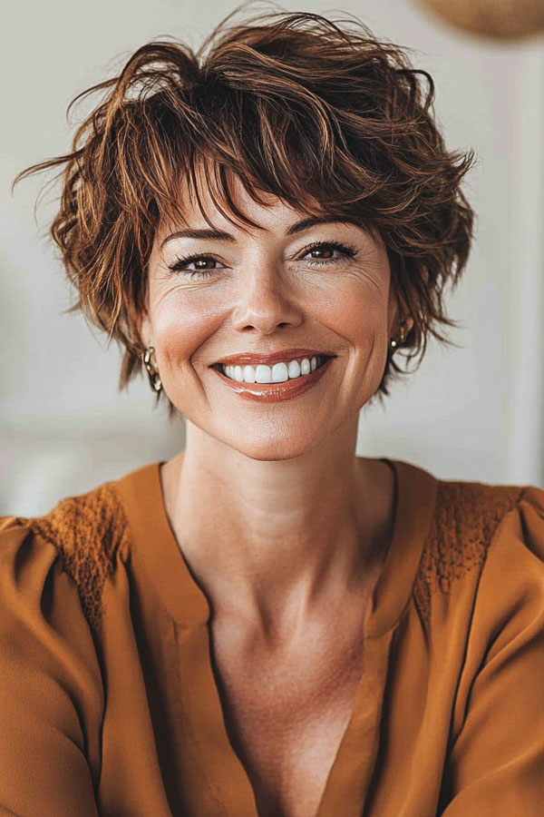 Messy Curly Bob with Auburn Tones, Easy Wash-and-Wear Haircuts for Women 50+, low maintenance haircut for women over 50, wash and wear haircut for women over 50