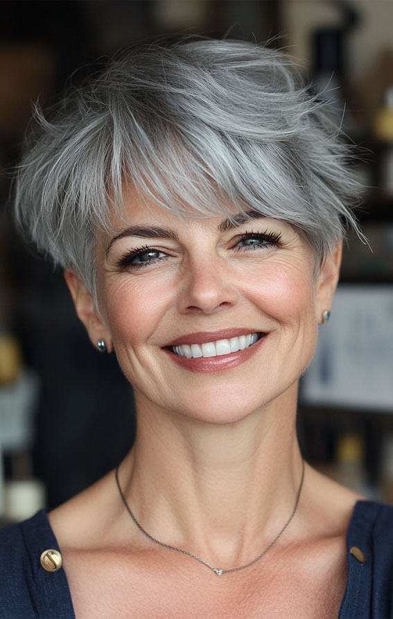 Casual Pixie Cut with Silver Charm, Easy Wash-and-Wear Haircuts for Women 50+, low maintenance haircut for women over 50, wash and wear haircut for women over 50