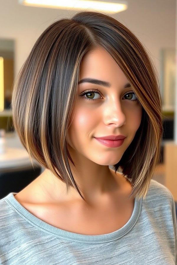 Edgy Angled Bob with Sun-Kissed Highlights