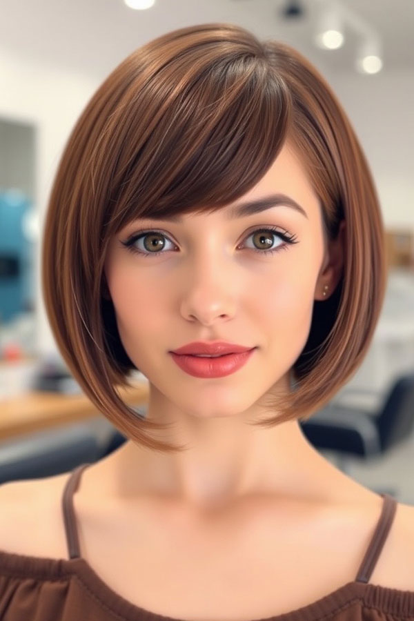 Elegant Chocolate Brown Bob with Side-Swept Fringe