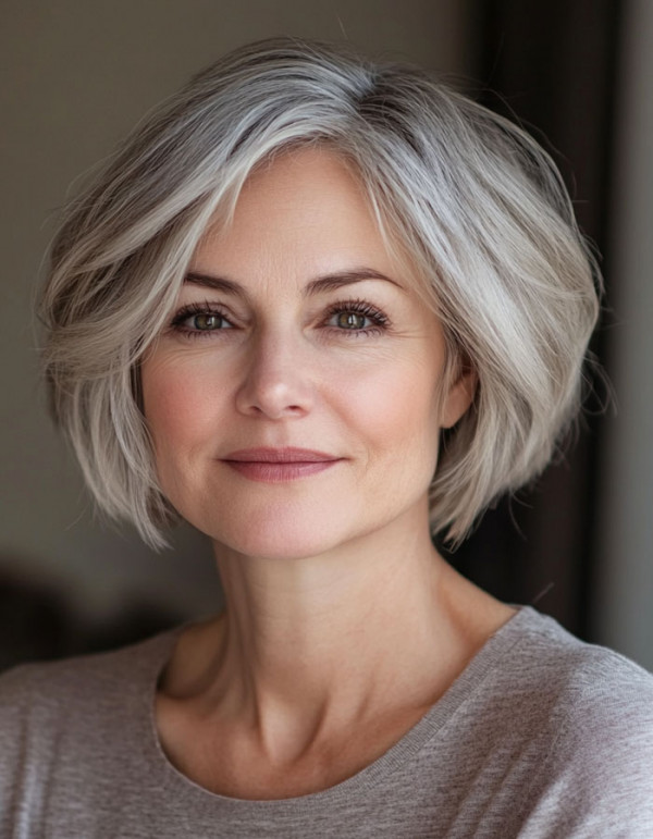 25 Layered Bob Haircuts For Women Over 50 : Elegant Silver Bob