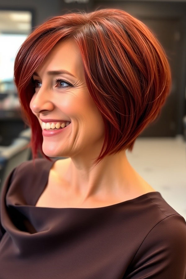 25 Layered Bob Haircuts For Women Over 50 : Fiery Red Angled Bob