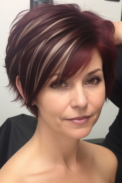 Edgy Pixie with Bold Plum and Blonde Highlights, Youthful hairstyles over 50 medium length, Fresh and Youthful Hairstyles Over 50, Short youthful Hairstyles over 50, Youthful hairstyles women over 50, Low maintenance haircuts for women over 50, Wash and wear haircuts for over 50