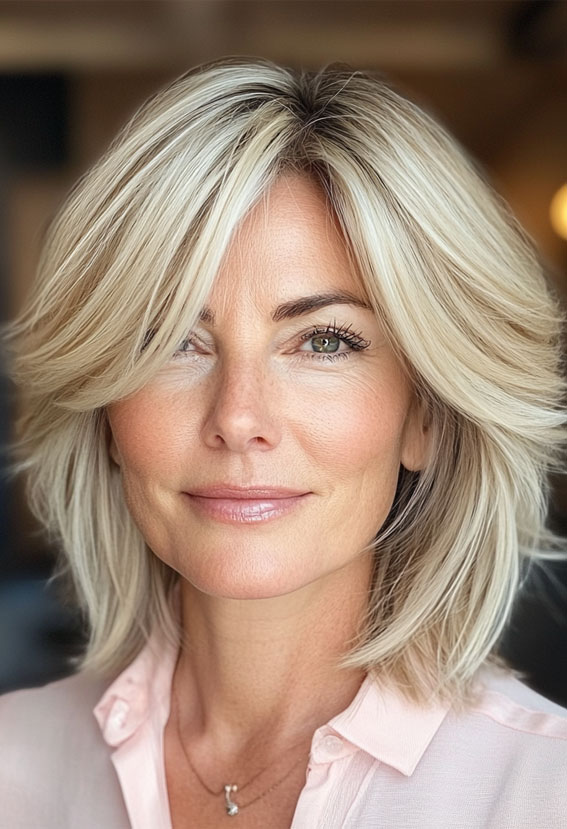 Feathered Bob with Bright Blonde Tones, Youthful hairstyles over 50 medium length, Fresh and Youthful Hairstyles Over 50, Short youthful Hairstyles over 50, Youthful hairstyles women over 50, Low maintenance haircuts for women over 50, Wash and wear haircuts for over 50