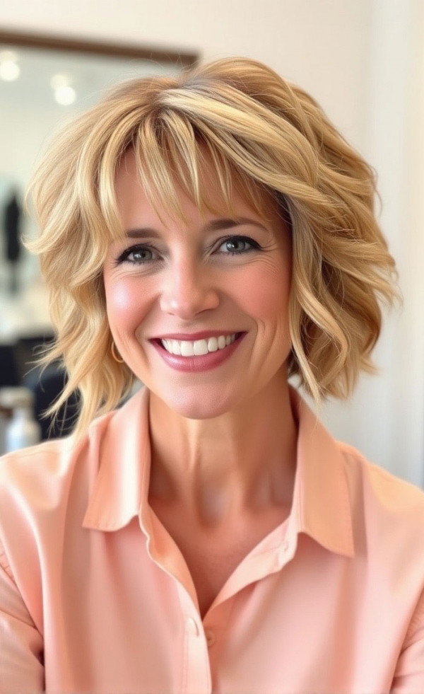 30 Fresh and Youthful Hairstyles Over 50 : Wavy Bob with Wispy Fringe