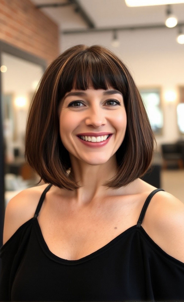 Long Bob with Full Fringe, Youthful hairstyles over 50 medium length, Fresh and Youthful Hairstyles Over 50, Short youthful Hairstyles over 50, Youthful hairstyles women over 50, Low maintenance haircuts for women over 50, Wash and wear haircuts for over 50