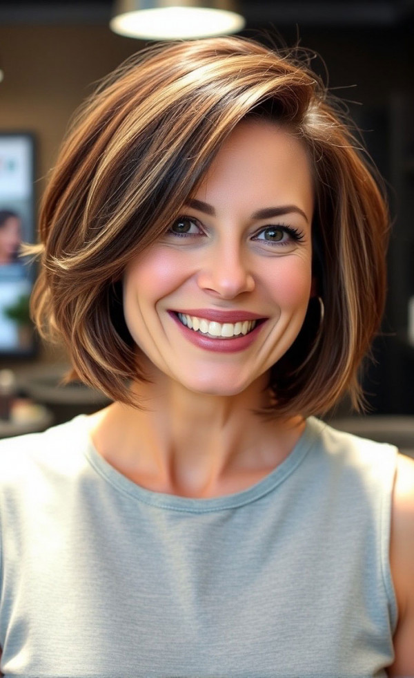 30 Fresh and Youthful Hairstyles Over 50 : Stacked Bob with Honey Highlights