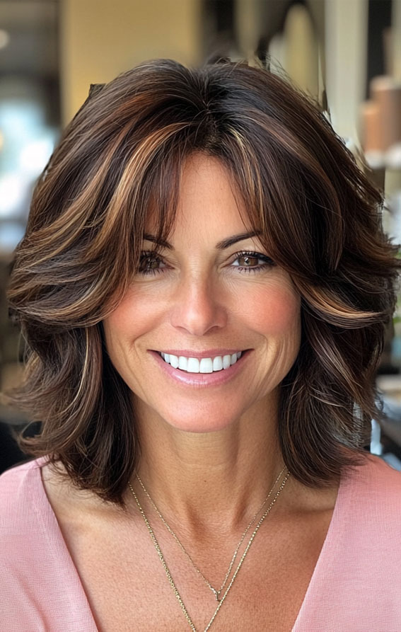 Shaggy Layers with Warm Balayage, Youthful hairstyles over 50 medium length, Fresh and Youthful Hairstyles Over 50, Short youthful Hairstyles over 50, Youthful hairstyles women over 50, Low maintenance haircuts for women over 50, Wash and wear haircuts for over 50