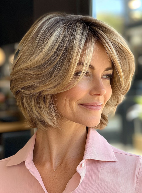 30 Fresh and Youthful Hairstyles Over 50 : Feathered Bob with Blonde Highlights