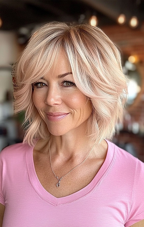 Textured Lob with Soft Blonde Balayage, Youthful hairstyles over 50 medium length, Fresh and Youthful Hairstyles Over 50, Short youthful Hairstyles over 50, Youthful hairstyles women over 50, Low maintenance haircuts for women over 50, Wash and wear haircuts for over 50