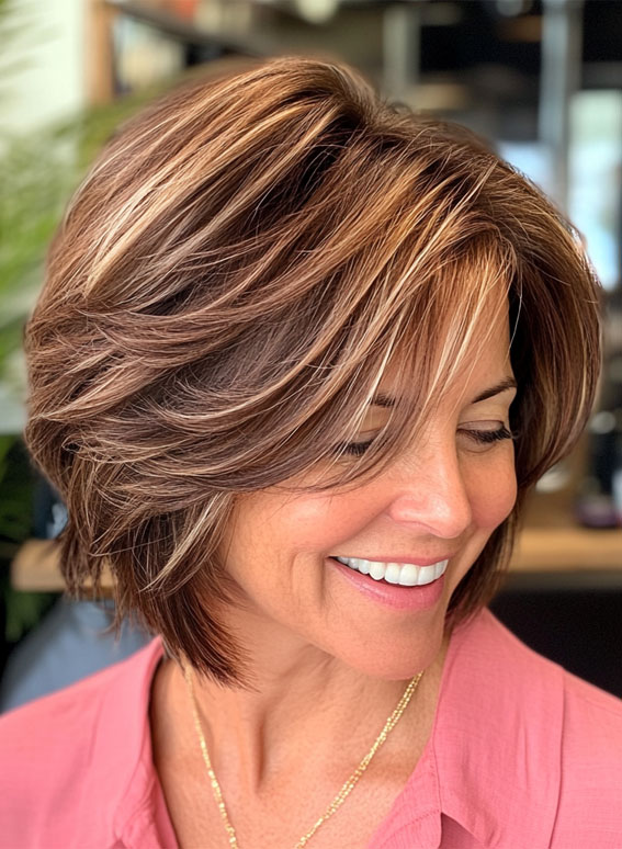 30 Fresh and Youthful Hairstyles Over 50 : Layered Bob with Dimensional Highlights