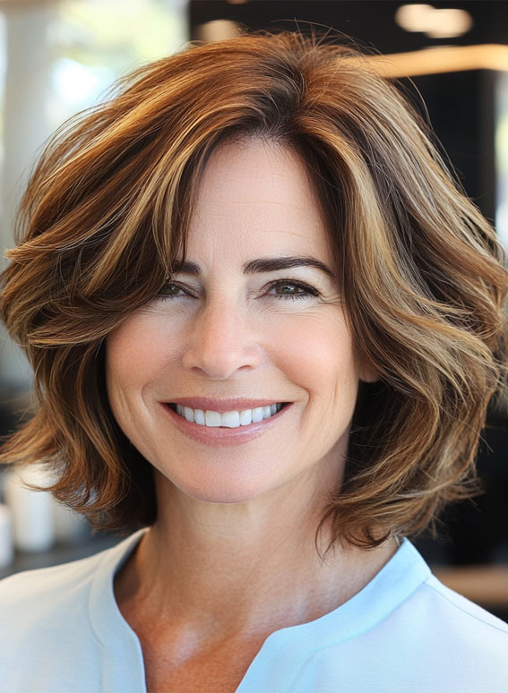 30 Fresh and Youthful Hairstyles Over 50 : Voluminous Bob with Warm Chestnut Highlights