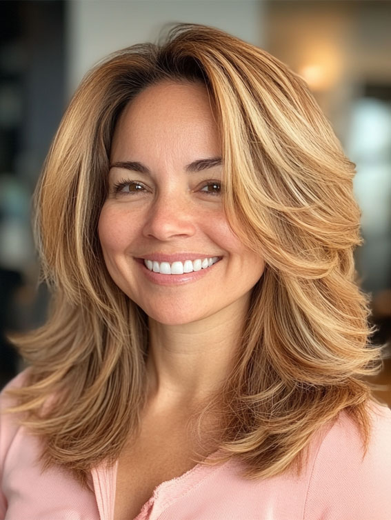 30 Fresh and Youthful Hairstyles Over 50 : Layered Blowout with Warm Golden Tones