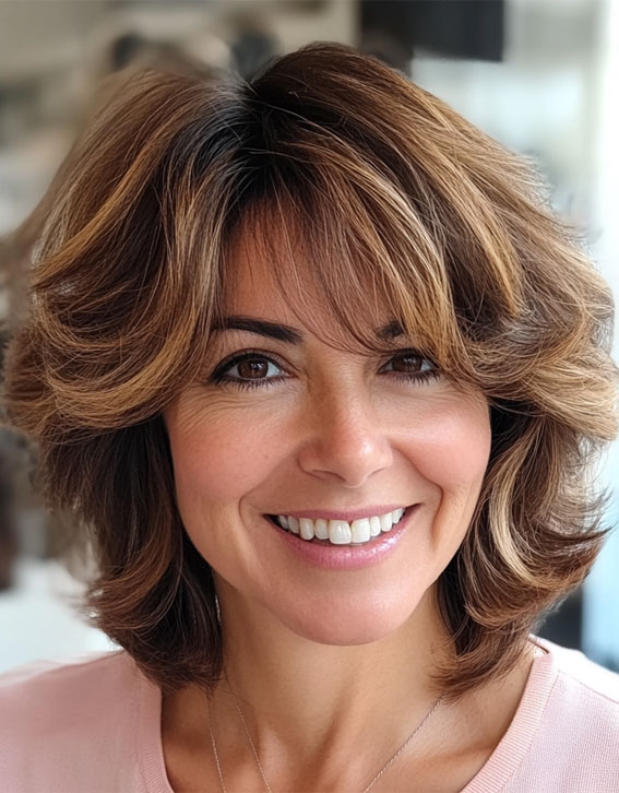 Voluminous Shag with Feathered Layers, Youthful hairstyles over 50 medium length, Fresh and Youthful Hairstyles Over 50, Short youthful Hairstyles over 50, Youthful hairstyles women over 50, Low maintenance haircuts for women over 50, Wash and wear haircuts for over 50