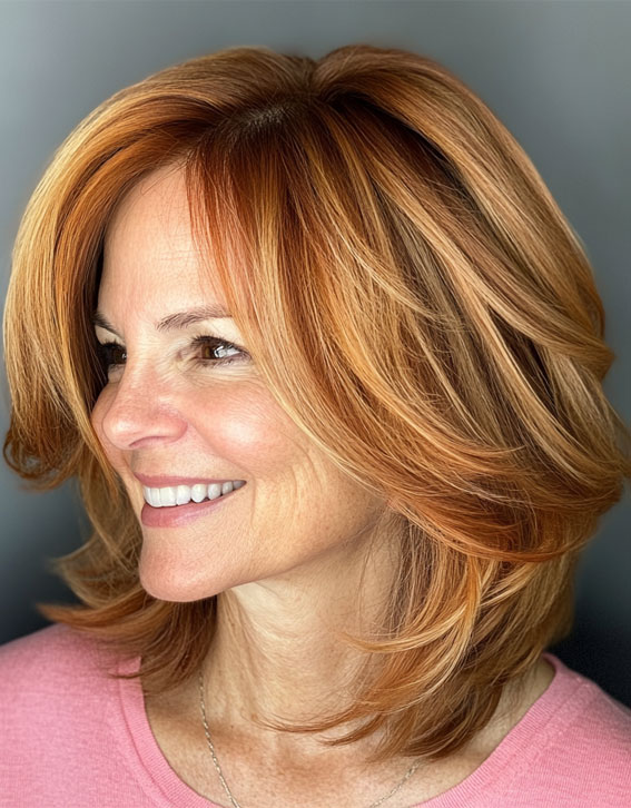 30 Fresh and Youthful Hairstyles Over 50 : Shoulder-Length Layered Auburn with a Soft Side Part