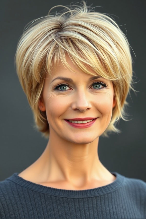 Blonde Bixie with Feathered Layers, Youthful hairstyles over 50 medium length, Fresh and Youthful Hairstyles Over 50, Short youthful Hairstyles over 50, Youthful hairstyles women over 50, Low maintenance haircuts for women over 50, Wash and wear haircuts for over 50