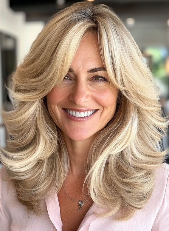 30 Fresh and Youthful Hairstyles Over 50 : Long Layers with Sandy Blonde Highlights