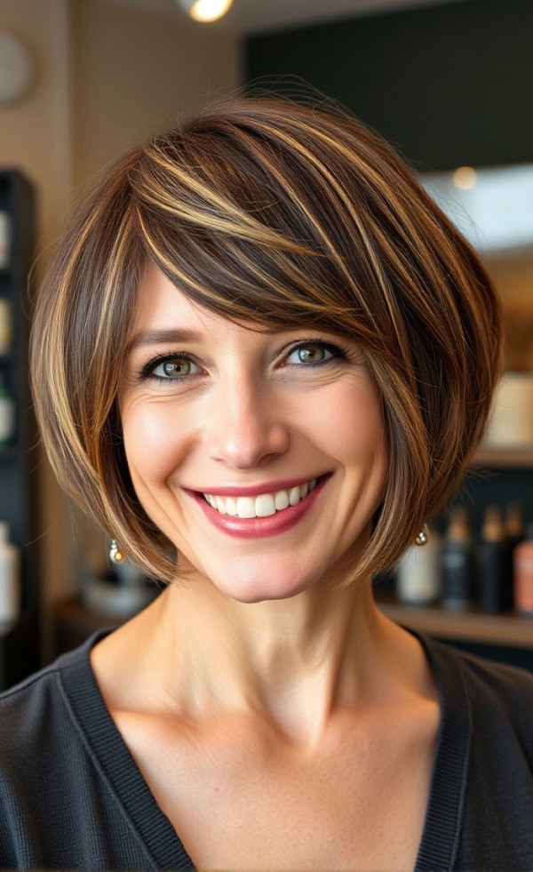 Bob with Caramel Highlights, Youthful hairstyles over 50 medium length, Fresh and Youthful Hairstyles Over 50, Short youthful Hairstyles over 50, Youthful hairstyles women over 50, Low maintenance haircuts for women over 50, Wash and wear haircuts for over 50