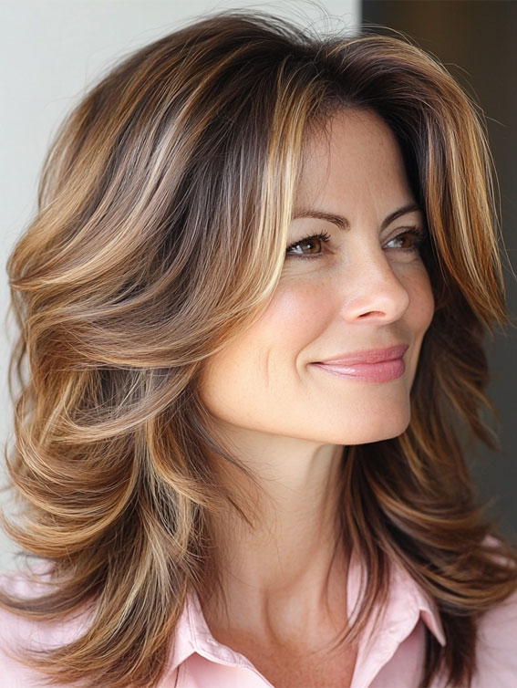 30 Fresh and Youthful Hairstyles Over 50 : Layered Waves with Caramel Lowlights