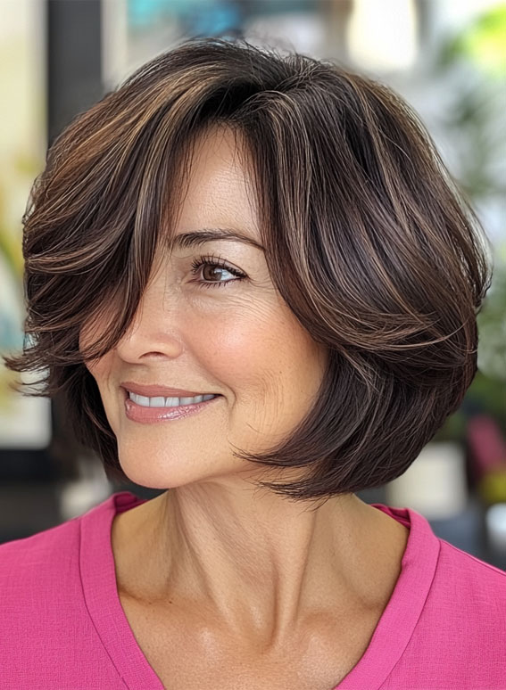 30 Fresh and Youthful Hairstyles Over 50 : Layered Bob with Side-Swept Fringe