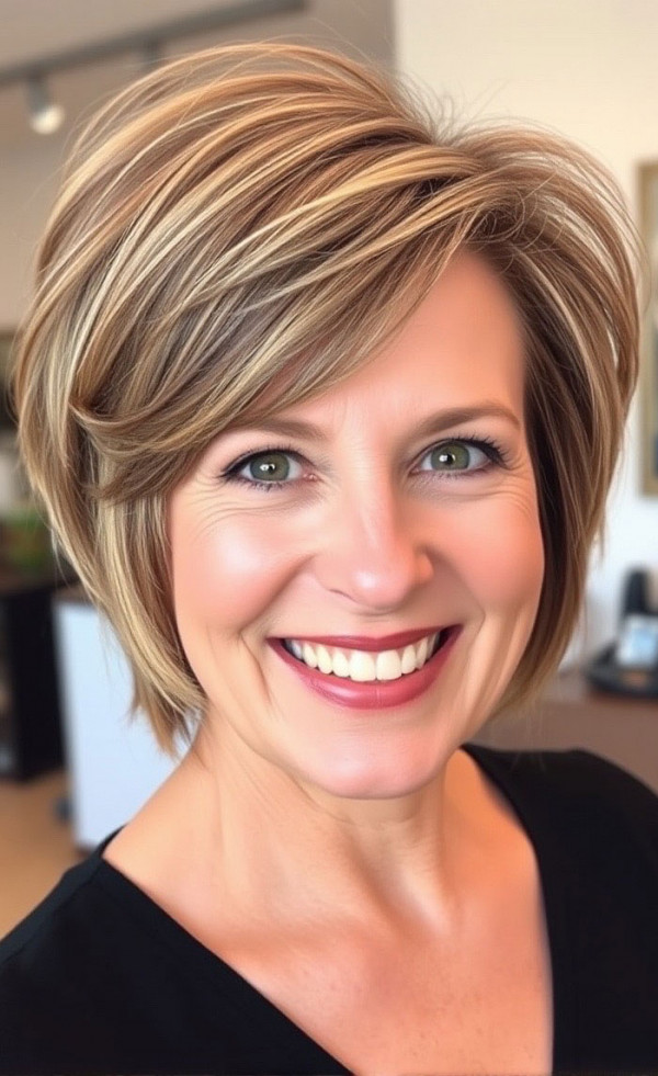 30 Fresh and Youthful Hairstyles Over 50 : Short Layered Bob with Blonde Highlights