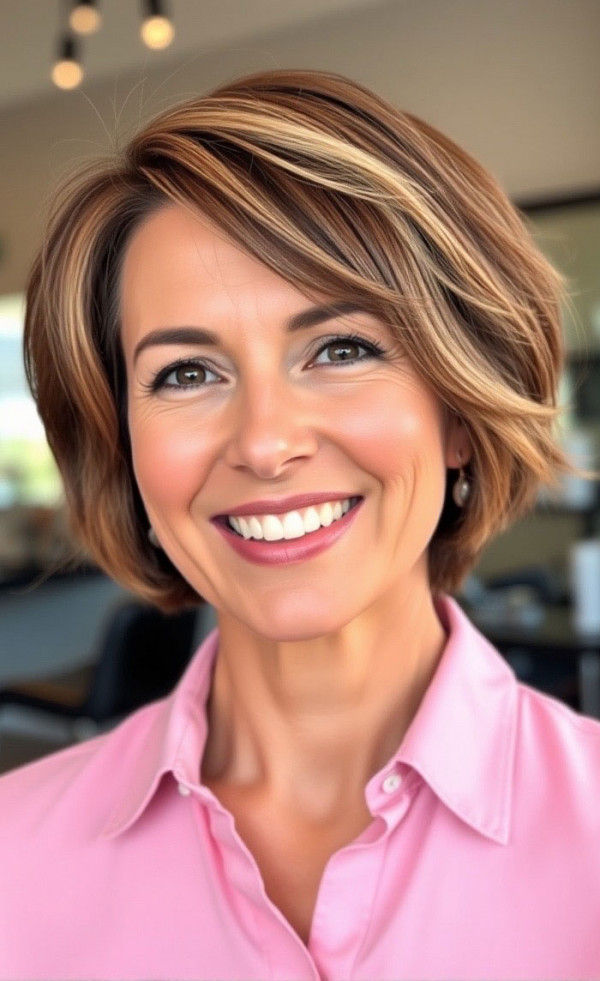 Side-Swept Bob with Golden Highlights, Youthful hairstyles over 50 medium length, Fresh and Youthful Hairstyles Over 50, Short youthful Hairstyles over 50, Youthful hairstyles women over 50, Low maintenance haircuts for women over 50, Wash and wear haircuts for over 50