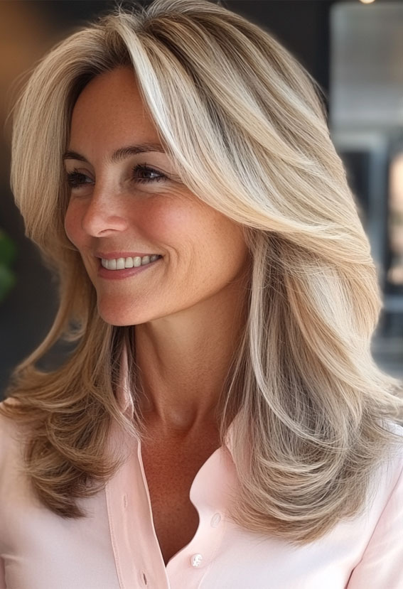 30 Fresh and Youthful Hairstyles Over 50 : Layers with Soft Blonde Highlights